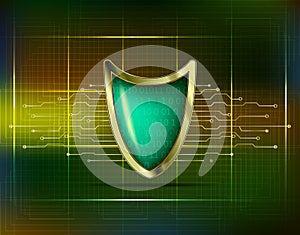 Cyber security antivirus concept with gold green blue shield, futuristic lines and numbers. Protected web privacy technology