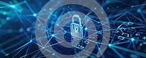 Cyber security background with a digital padlock, interconnected lines, and matrix code on a dark