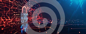 Cyber security background with a digital padlock, interconnected lines, and matrix code on a dark