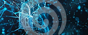 Cyber security background with a digital padlock, interconnected lines, and matrix code on a dark
