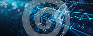 Cyber security background with a digital padlock, interconnected lines, and matrix code on a dark