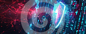 Cyber security background featuring a glowing shield icon, binary code, and abstract lines