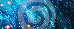 Cyber security background with a futuristic interface, digital locks, and binary code floating in a