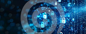 Cyber security background with a futuristic interface, digital locks, and binary code floating in a