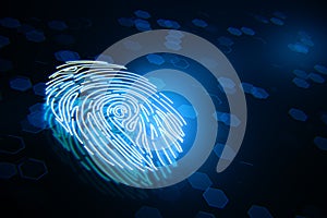 Cyber security and biometric data concept with perspective view on digital human illuminated fingerprint on abstract dark