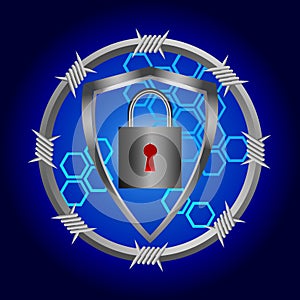 Cyber security blue background with shield and padlock