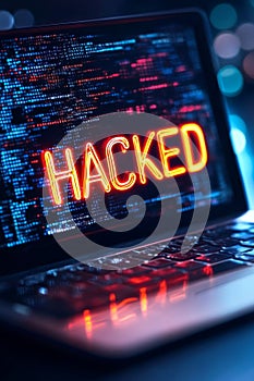 Cyber Security Breach Concept Laptop Screen with Neon HACKED Text on Programming Code