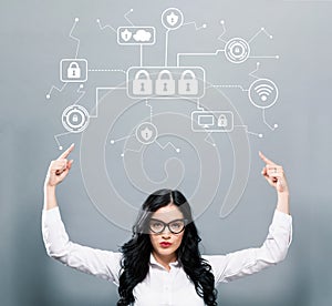 Cyber security with business woman pointing upwards