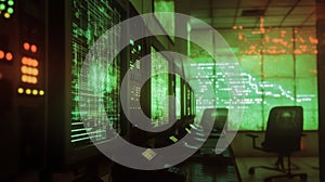 Cyber security center monitoring global network activity on multiple screens
