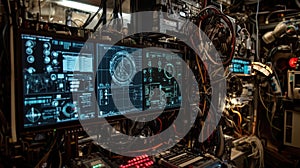 Cyber security center monitoring showing futuristic interface on multiple screens