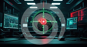 Cyber security command center with radar screen and computers for network monitoring