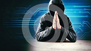 Cyber security, computer hacker with hoodie