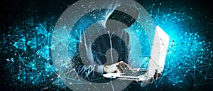 Cyber security, computer hacker with hoodie