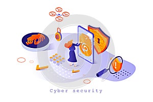 Cyber security concept in 3d isometric design. Vector illustration