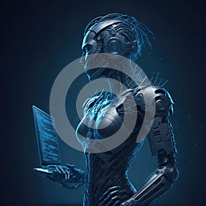 Cyber Security Concept, Artifficial Intelligence Protect or Harm Computer, Hacking Code and Paswords. Futuristic Elements, photo