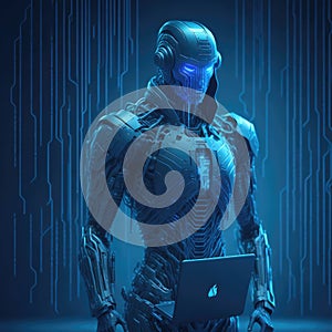 Cyber Security Concept, Artifficial Intelligence Protect or Harm Computer, Hacking Code and Paswords. Futuristic Elements,
