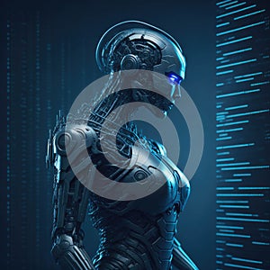 Cyber Security Concept, Artifficial Intelligence Protect or Harm Computer, Hacking Code and Paswords. Futuristic Elements,