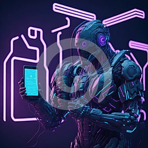 Cyber Security Concept, Artifficial Intelligence Protect or Harm Smart Phone, Hacking Code and Paswords. Futuristic Elements,