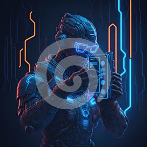 Cyber Security Concept, Artifficial Intelligence Protect or Harm Smart Phone, Hacking Code and Paswords. Futuristic Elements,