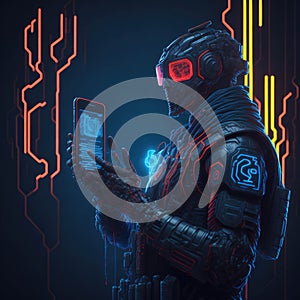 Cyber Security Concept, Artifficial Intelligence Protect or Harm Smart Phone, Hacking Code and Paswords. Futuristic Elements,