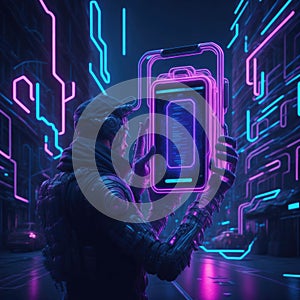 Cyber Security Concept, Artifficial Intelligence Protect or Harm Smart Phone, Hacking Code and Paswords. Futuristic Elements,