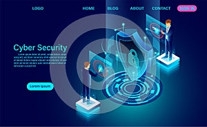 Cyber security concept banner with businessman protect data