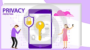 Cyber security concept with characters. Infographic, banner with hero protect data and confidentiality. Safety and