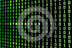 Cyber security concept. Cybersecurity word on binary code background of a computer screen