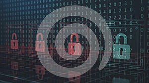 Cyber Security Concept with Digital Padlocks and Binary Code Data Background