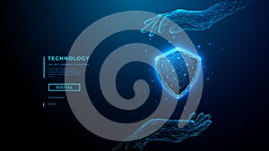 Cyber security concept. Digital shield protected by hands