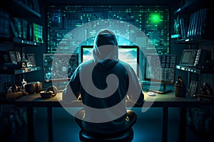 Cyber security concept - figure in a hoodie sitting in front of a computer screen filled with code