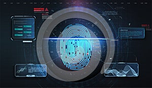 Cyber security concept. Fingerprint scanning on futuristic background. Abstract digital illustration. Network cyber