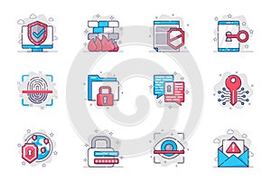 Cyber security concept flat line icons set