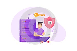 Cyber security concept in flat style with people scene