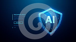 Cyber security concept. Glowing AI icon on digital shield
