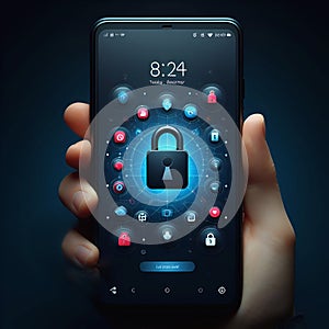 Cyber security concept: hand holding smartphone with lock icon on screen