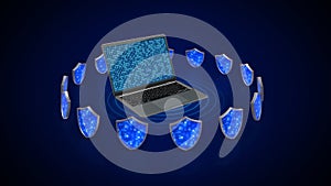 Laptop with Digital Shields and Binary Code for Cyber Security and Data Protection Concept