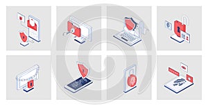 Cyber security concept of isometric icons in 3d isometry design for web.