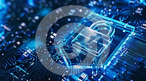 Cyber security concept. Lock, key hole on blue digital pattern background. Banner