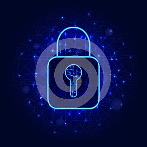 Cyber security concept with lock symbol on abstract geometric background with polygonal mesh. Data protection or safety design.