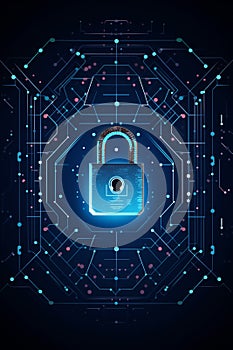 Cyber security concept. Lock symbol from lines and triangles, point connecting network on blue background.