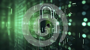 Cyber security concept. Padlock on binary code background. 3D rendering Generative AI