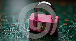 Cyber security concept. Padlock on circuit board background 3D rendering
