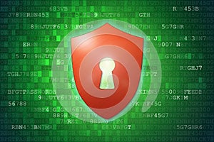 Cyber security concept: Red Shield With Keyhole icon on green digital data background