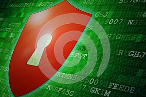 Cyber security concept: red shield with keyhole icon on green digital data background