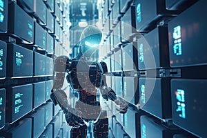 Cyber security concept. Robot working and protection at data center. Generative AI
