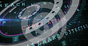 Cyber security concept texts and data processing against round scanner on black background