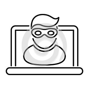 Cyber security and crime black line icon. Internet fraud. Computer thief stealing confidential data, personal information. Outline