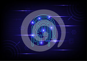 Cyber security and cyber crime concept. Electronic thumb fingerprint on futuristic technology abstract background. Digital