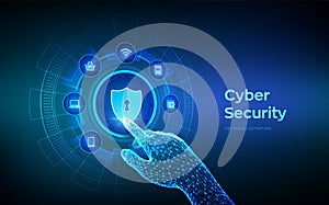 Cyber Security. Data protection business concept on virtual screen. Shield protect icon. Internet privacy and safety. Antivirus